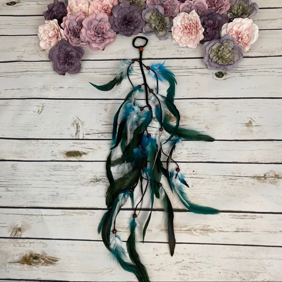 Boho Blue and White Long Feather Elastic Hair Tie - Picture 5 of 14